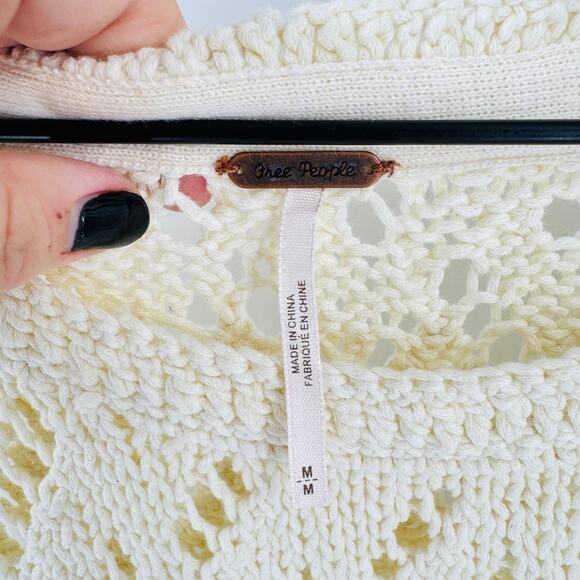 Free People Cream Open Crochet Cotton Sweater Boho Knit Pullover Women’s Size M - Picture 3 of 7